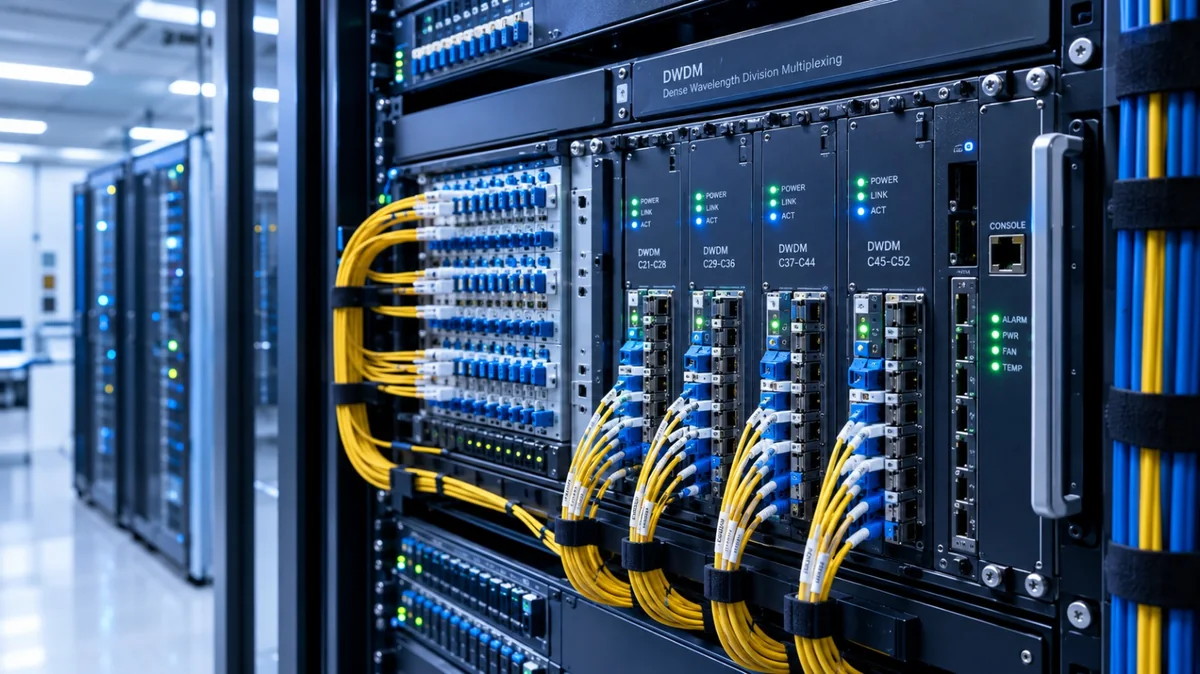 Equipamiento óptico DWDM y conexiones de fibra en una red de telecomunicaciones